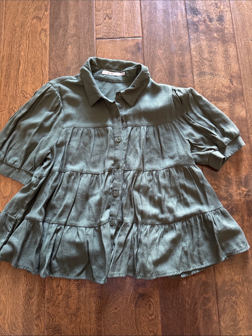 Mi Ami Olive Tiered Button-Down Blouse